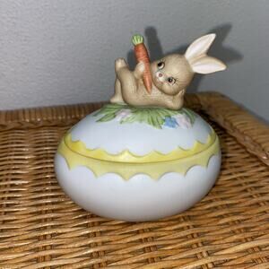 Vintage Lefton Easter Egg Bunny Rabbit Trinket Box Hand Painted Green White